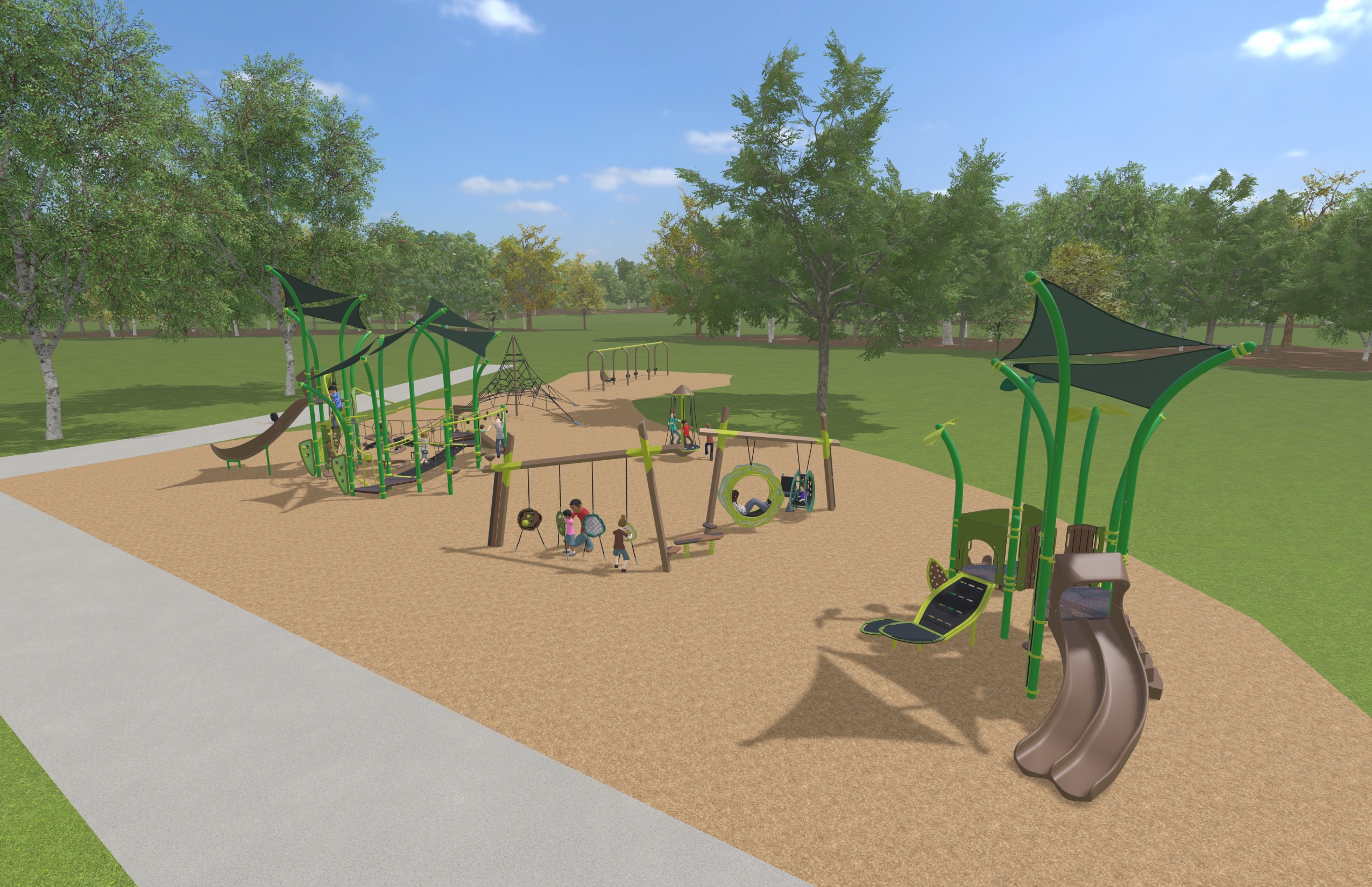 Rendering of playground in design option A, featuring earthy colours like green and brown and the play features immediately following the image.