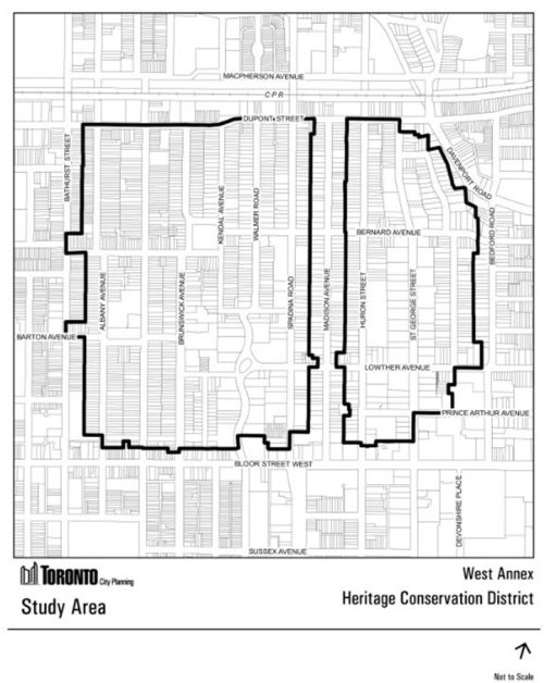 Black and white graphic aerial map showing street layouts and property outlines. The boundary of the West Annex Heritage Conservation District Study Area is outlined in thick, black lines. 