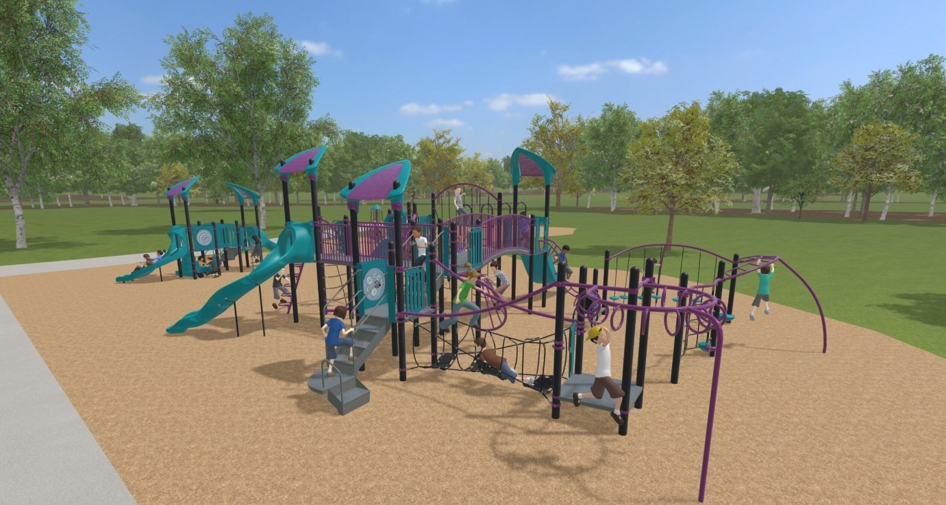 Rendering of the splash pad in design option A, featuring vibrant colours like green, blue, and yellow and the play features described immediately following the image.