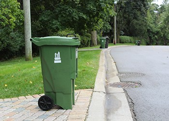 A Green Bin set out by the curb.