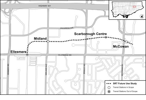 Map of the Scarbrough Rapid Transit (SRT) future use study, generally extending from east Ellesmere Station to 100 metres east of McCowan Station. Ellesmere Station and Scarborough Centre Station are shown as out of scope for the study, with Midland and McCowan stations shown as in scope.