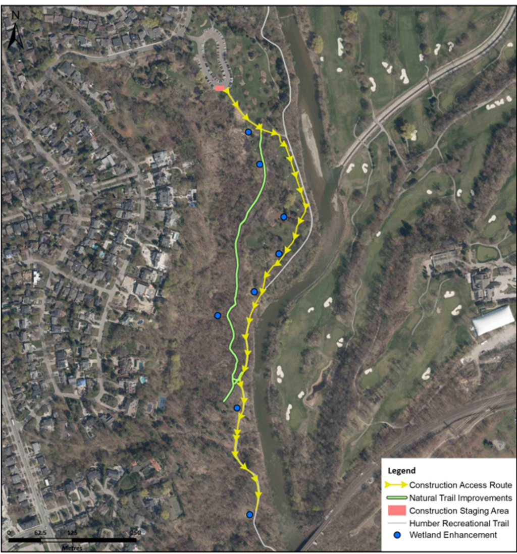 A map displaying where City of Toronto Phase 2 trail improvements and Toronto and Region Conservation Authority wetland improvements are planned in Lambton Woods. Trail improvements will take place directly south of the James Garden parking lot. Staging for this project will take place in the James Park Garden parking lot. The construction access route runs along the Humber Recreational Trail.