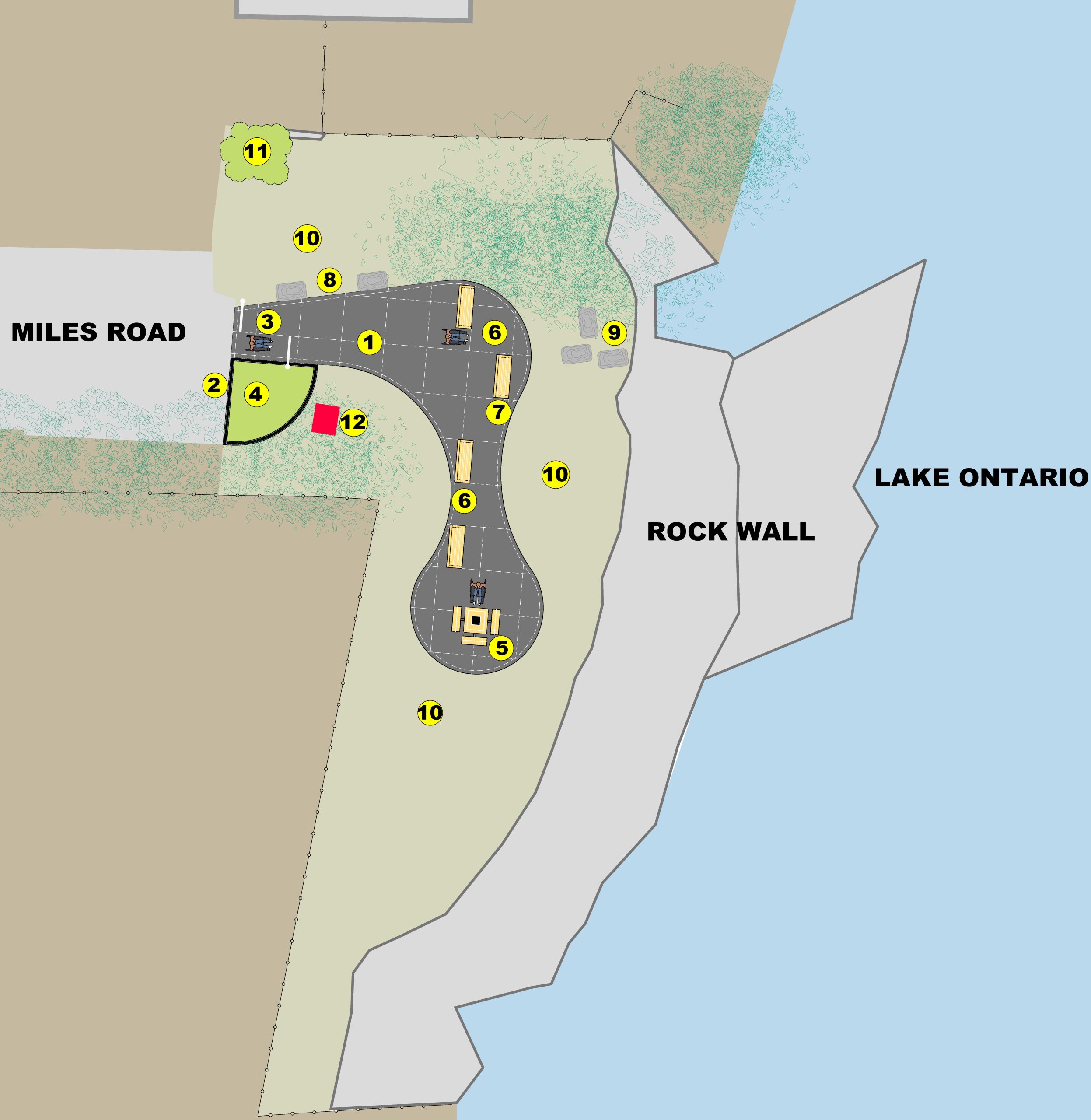 Proposed design for Miles Road End Parkette showing a small park layout at the Lake Ontario shoreline. Numbers correspond to the first list after the image.