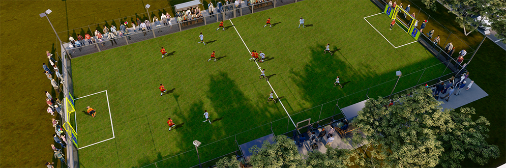 Rendering of a fenced soccer pitch with players in red and white jerseys playing.