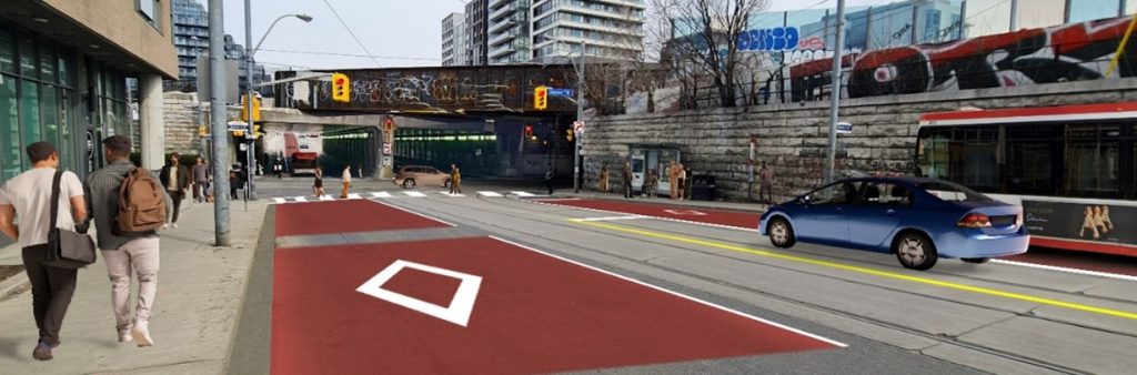 Rendering of RapidTO Dufferin Street priority bus lane facing north at Dufferin Street and Queen Street West.