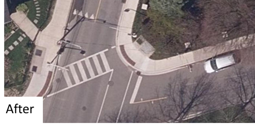 Example of a roadway after reduced curb radii installed.
