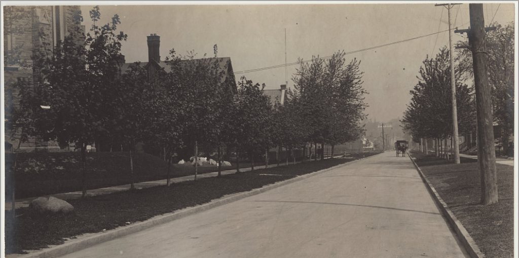 Black and white historic photograph of a road starting in the foreground of the image and receding into the background. Young deciduous trees line the road on either side. Part of a stone church is visible to the left, as well as the roof lines of a few houses. A horse-drawn cart is seen on the road in the distance. 