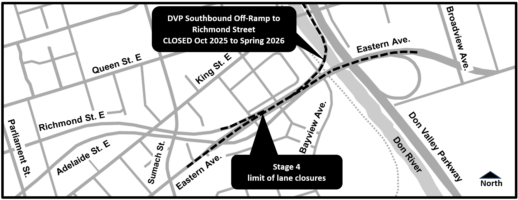 Map of work area along Adelaide Street and Eastern Avenue bridge. Please contact Maria Lippa by phone at 416-495-4214 or by email at EastAdelaideBrdg@morrisonhershfield.com