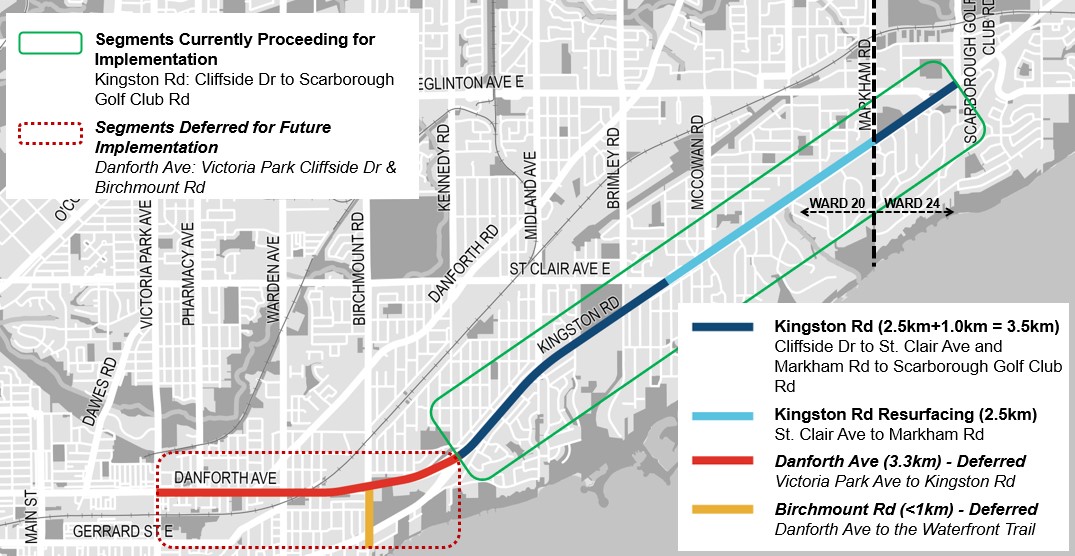 Map showing original project area for Danforth-Kingston Complete Street project and revised scope is Kingston Road from Cliffside Drive to Scarborough Golf Club Road due to restrictions of Bill 212