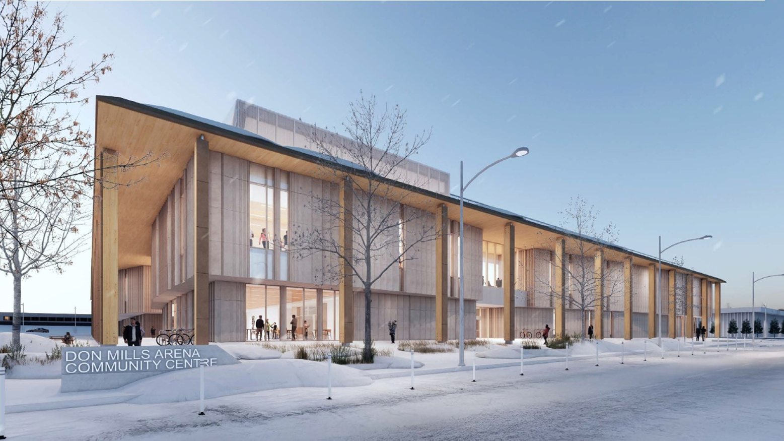 Rendering of the exterior view of the community recreation centre from the front entrance. The facility is two storeys with large pillars. There is a sign outside saying ‘Don Mills Arena Community Centre.’