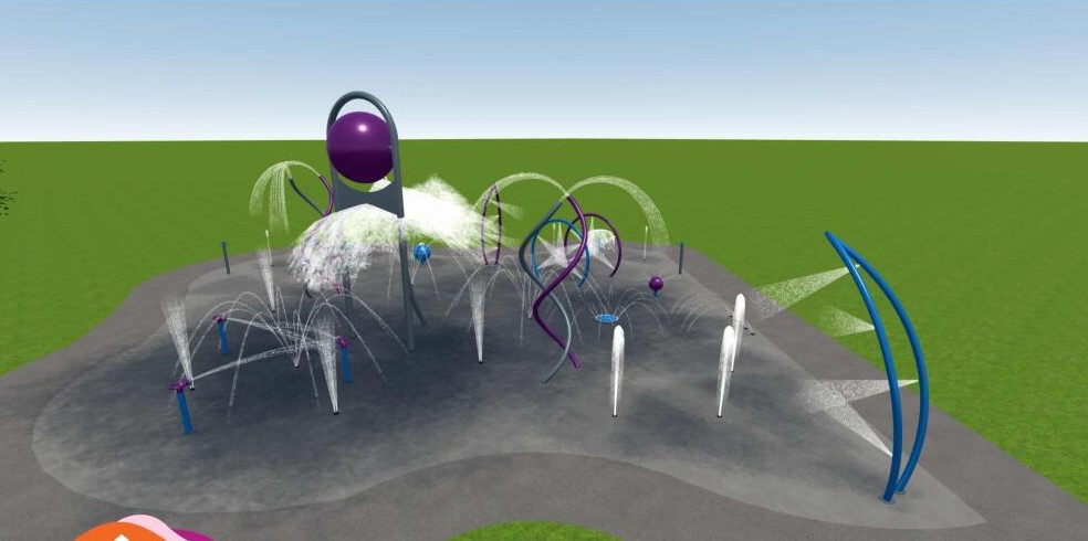 Rendering of the splash pad in design option B, featuring cool colours like purple, blue and grey and the play features described immediately following the image.