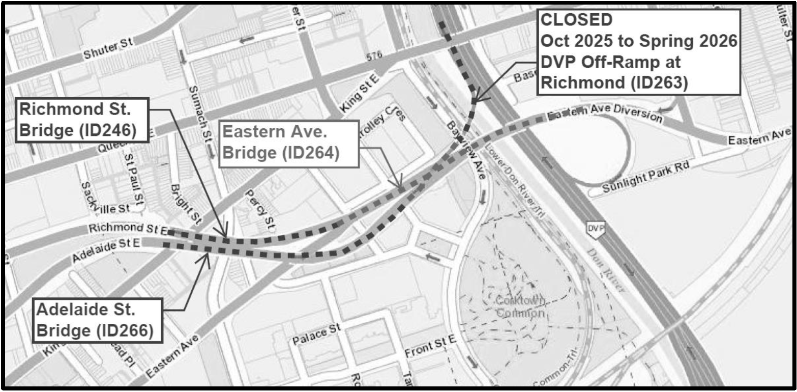 Map showing the locations of the Eastern Avenue Bridge, Richmond Street East over King Street Bridge, Adelaide Street East over King Street Bridge, and the Don Valley Parkway Ramp over the Don River