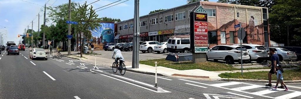 Artist rendering of new cycle tracks on Kingston Road, while maintaining three vehicle lanes.