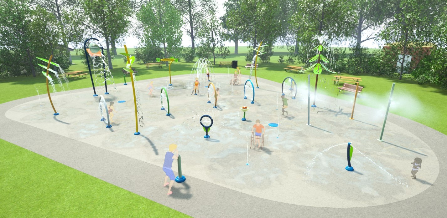 Rendering of the playground in design option B, featuring cool colours like purple, blue and grey and the play features described immediately following the image.