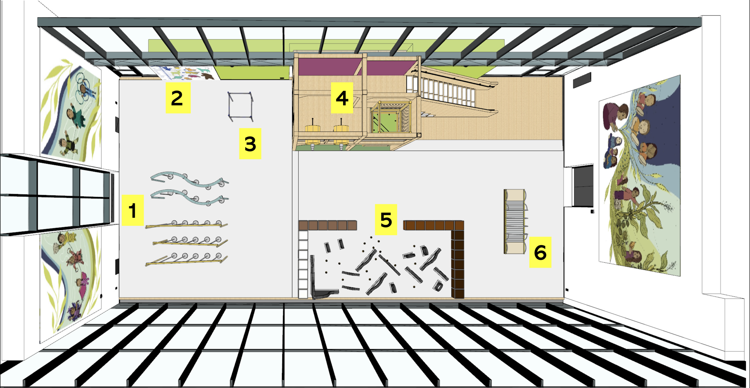 A rendering of the final design with number labels that correspond to the list immediately following the image. 