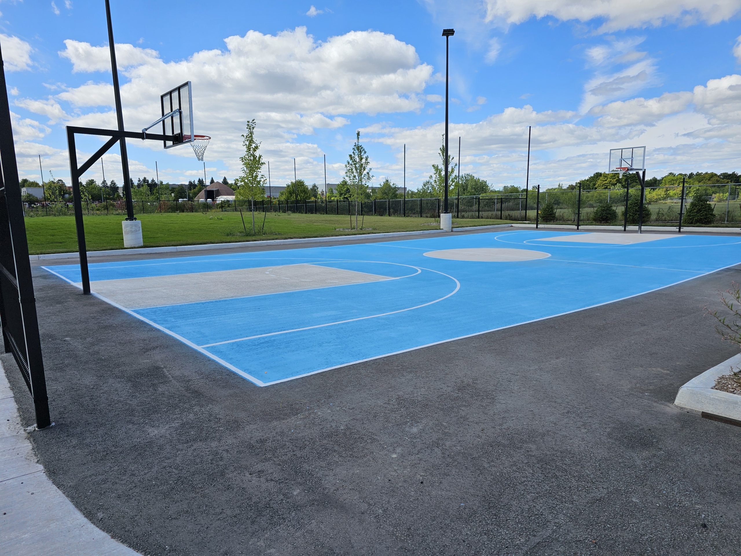 An outdoor basketball court with bright blue flooring and white boundary lines, featuring two hoops and surrounded by green grass and trees under a partly cloudy sky.