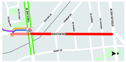 Map of project area on Weston Road from Lanyard Road to Steeles Avenue West.