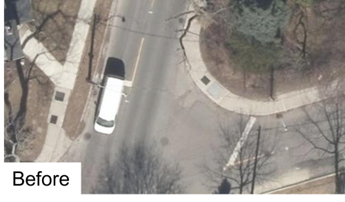 Example of a roadway without curb radii. 