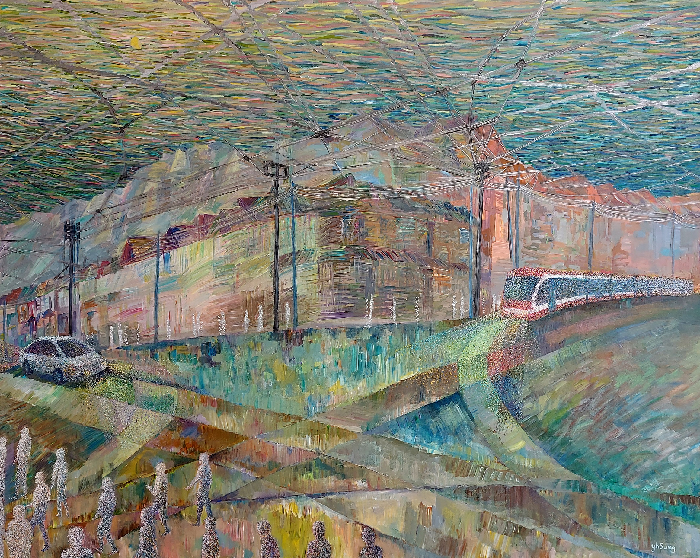 multicoloured image in a dappled, impressionistic style of a street scene