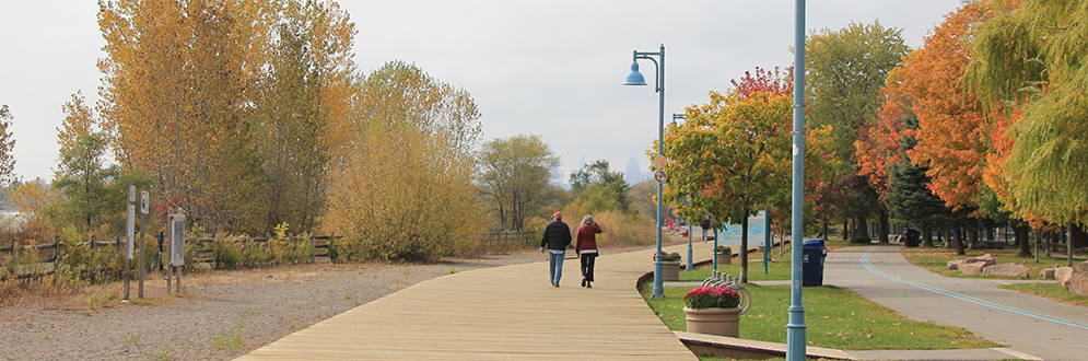 Couple walking along a wooden boardwalk surrounded by autumn trees.