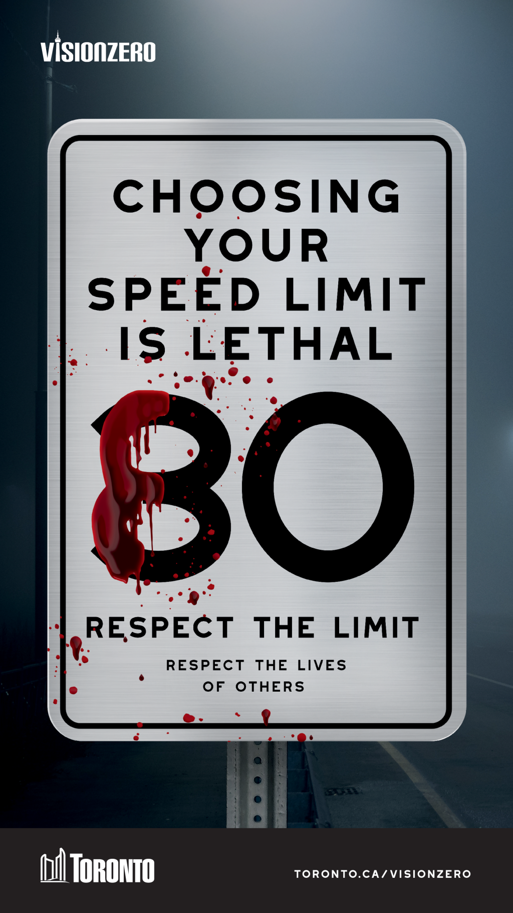 Speed limit sign with red paint across the number 3 to change it to 8 showing that choosing your own speed limit can kill.