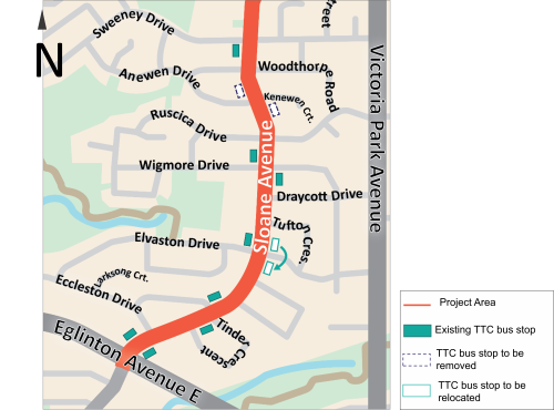 Map depicting the TTC bus stop location changes on Sloane Avenue as listed in the text. 
