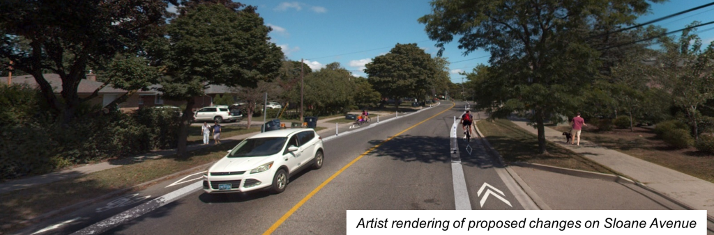A picture of Sloane Avenue, with cycle tracks marked in white paint on both sides of the road. This is an artistic rendering of the proposed changes on Sloane Avenue.