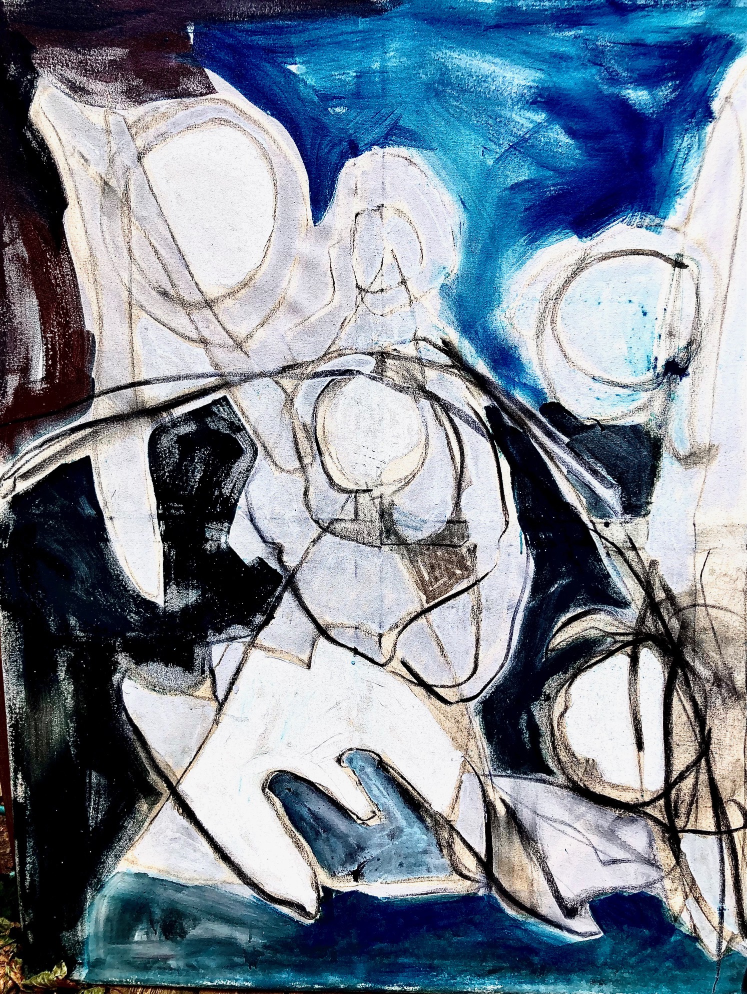 Abstract paint and line work with figures in blues, blacks and whites
