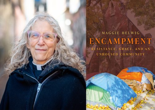 Maggie Helwig photo left and Encampment book jacket right