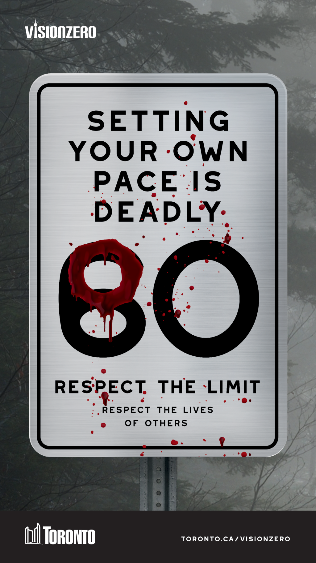 Speed limit sign with red paint across the number 6 to change it to 8 showing that choosing your own speed limit can kill.
