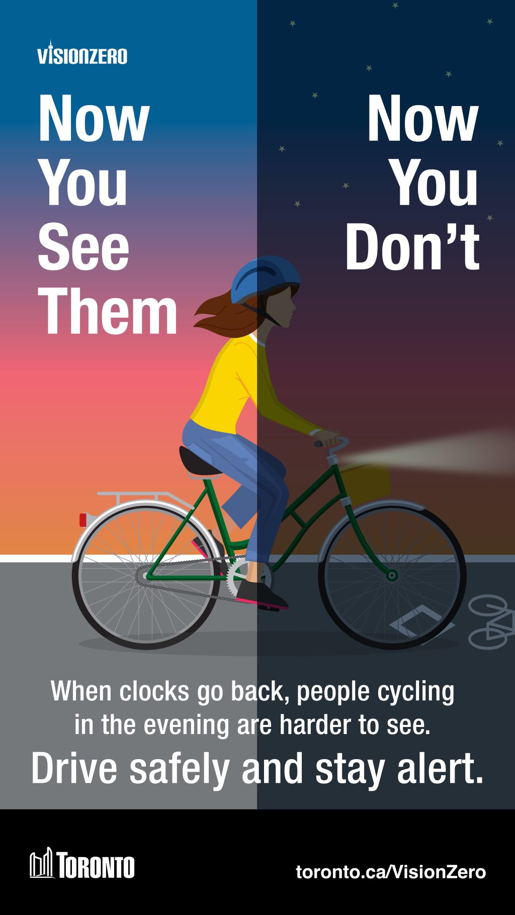 Graphic of a cyclist riding in a bike lane. Left of the image is in daylight and right is at night. The right is much harder to see the cyclist.