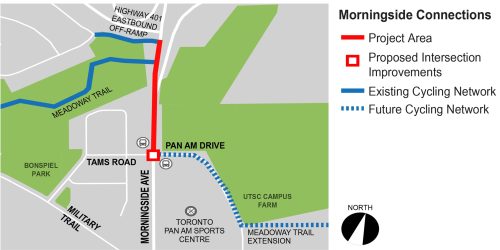 A map of the intersection of Morningside Avenue and Tams Road/Pan Am Drive and the surrounding area including the Meadoway Trail just northwest of the intersection and the proposed extension of the Meadoway Trail east of the intersection and the Toronto Pan Am Sports Centre located southeast of the intersection.