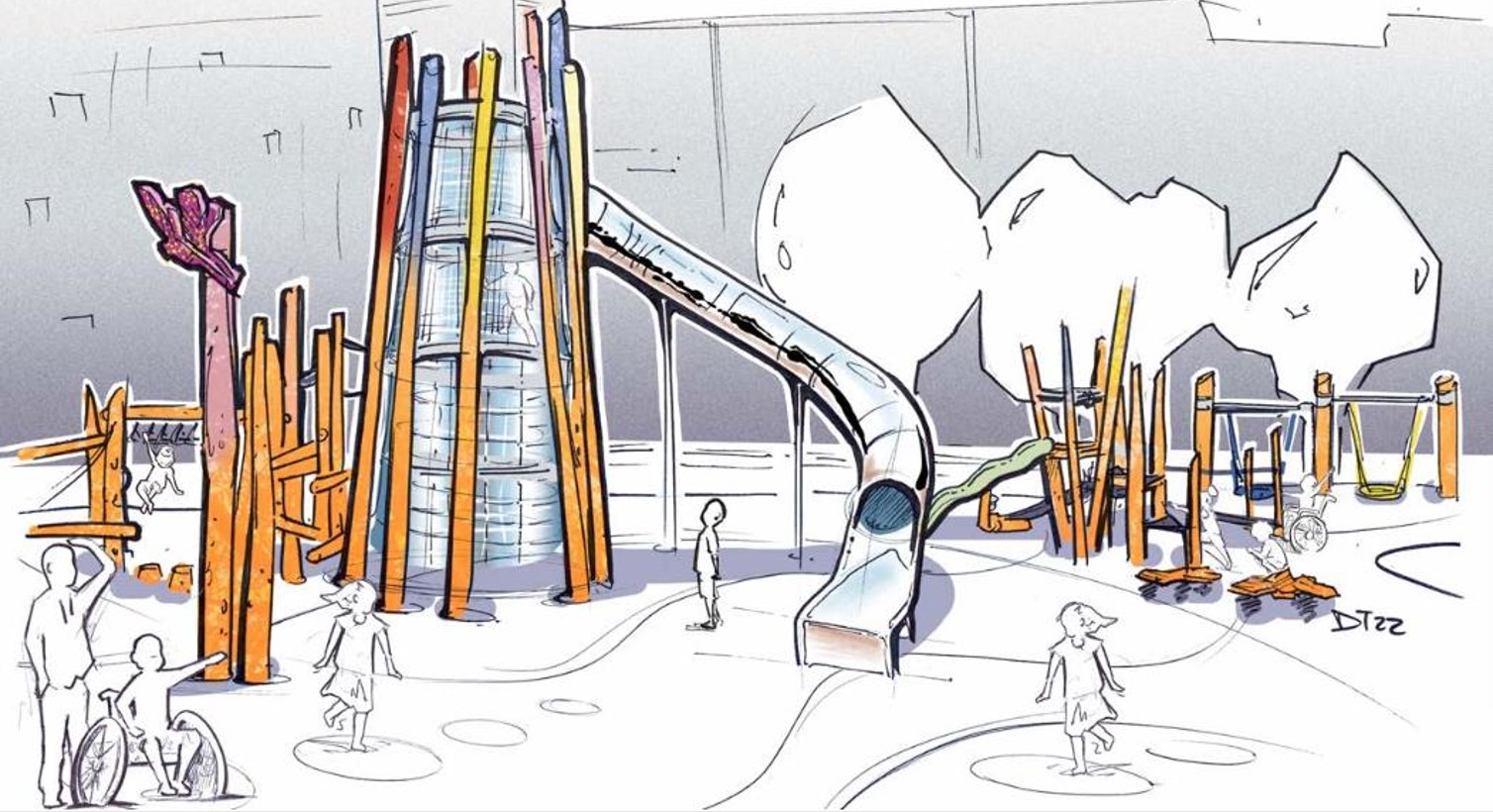An artistic rendering of the future playground, including a large senior play tower with a stainless steel slide, many wood vertical climbing elements, a dragonfly climber, two basket swings and spring toys over a rubber safety surface.