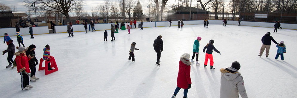 People of various ages skating on an outdoor ice rink under a cloudy sky, with trees and park structures in the background.