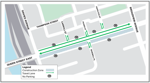 Map displaying traffic configuration during watermain replacement with one travel lane being maintained in each direction on Queen Street between Davies Avenue and Broadview Avenue