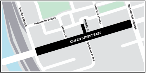 Map of Construction Area showing Queen Street East from Davies to Broadview Avenue. For more information contact Nathalie Forde at 416-392-3556 or email Queeneastconstruction@toronto.ca.