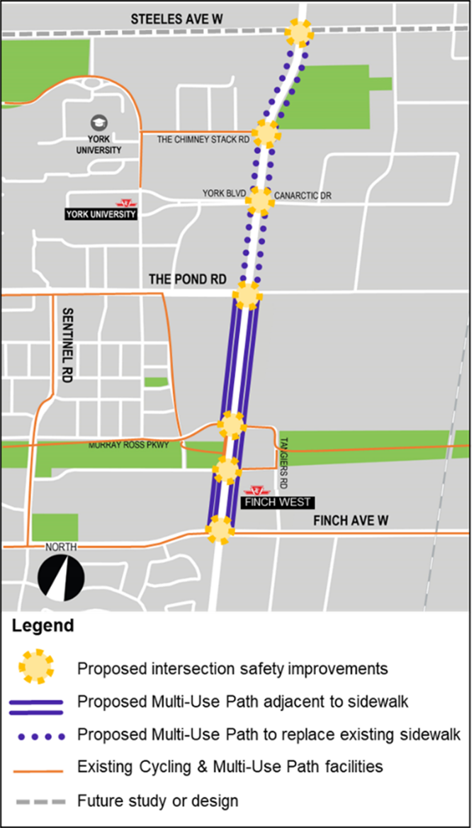 Map showing proposed design changes in project area along Keele Street between Finch Avenue West and Steeles Avenue West