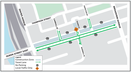 Map displaying work area traffic configuration during watermain replacement with one travel lane being maintained in each direction on Queen Street between Davies Avenue and Broadview Avenue