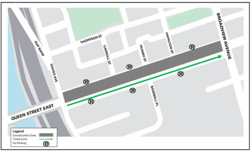 Map displaying work area traffic configuration during TTC streetcar track renewal. Work area will require use of three travel lanes along Queen Street from Broadview Avenue to Davies Avenue One eastbound lane will be maintained through the work zone