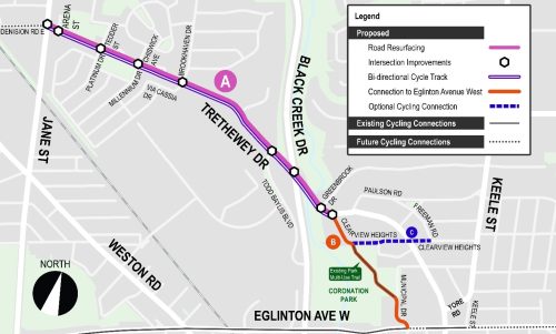 Map of Trethewey Drive from Jane Street to Eglinton Avenue West.