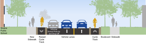Graphic depicting the proposed changes in front of Sloane Public School, as listed in the text.