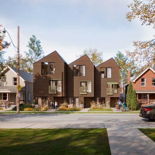 Rendering of three stacked townhouses (Stacked Townhouse 01) from the Canadian Mortgage and Housing Corporation's Housing Design Guide. Image includes people coming and going from the house, situated on a street between two homes with a parked car on the opposite side of the street.