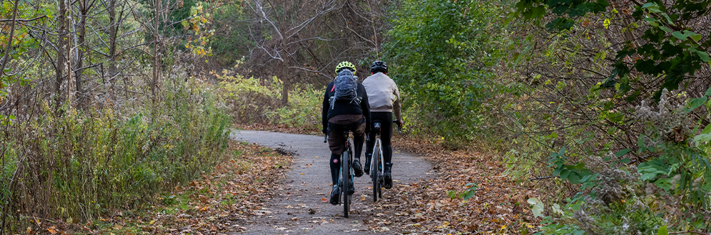 Two cyclists riding on a leaf-covered trail through autumn woods