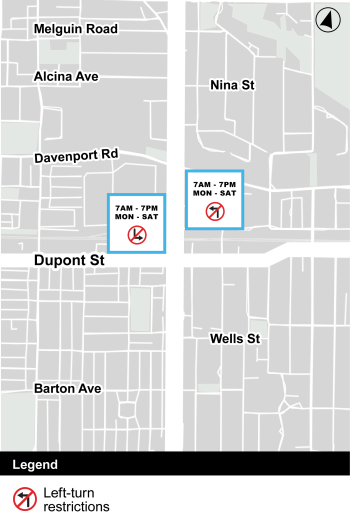 A map of Bathurst Street showing approved key turn restriction changes north of Bathurst Station. Red icons indicate no left turns at specific intersections. A legend at the bottom explains the symbols used.