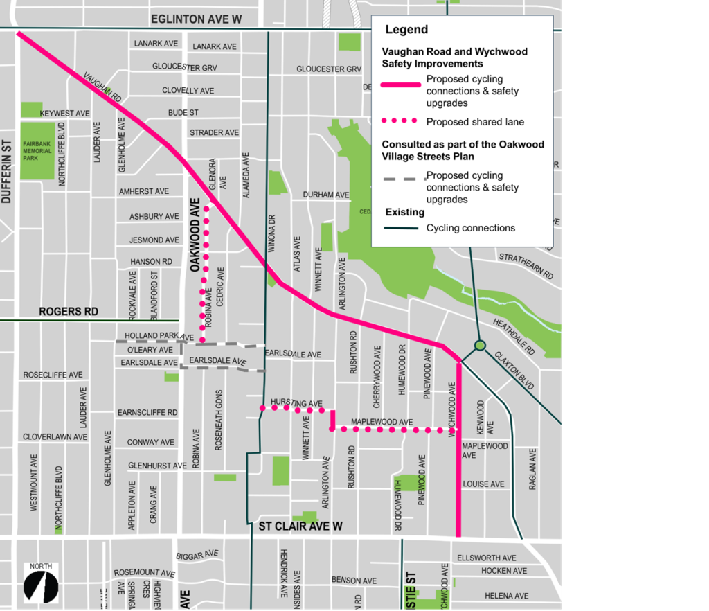 A map of the project area, including a legend that identifies proposed cycling connections and safety upgrades on Vaughan Road, Wychwood Road and Arlington Avenue, proposed shared lanes on Robina Avenue, Hursting Avenue and Maplewood Avenue 
