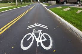 The image depicts a street with sharrows/shared lane markings