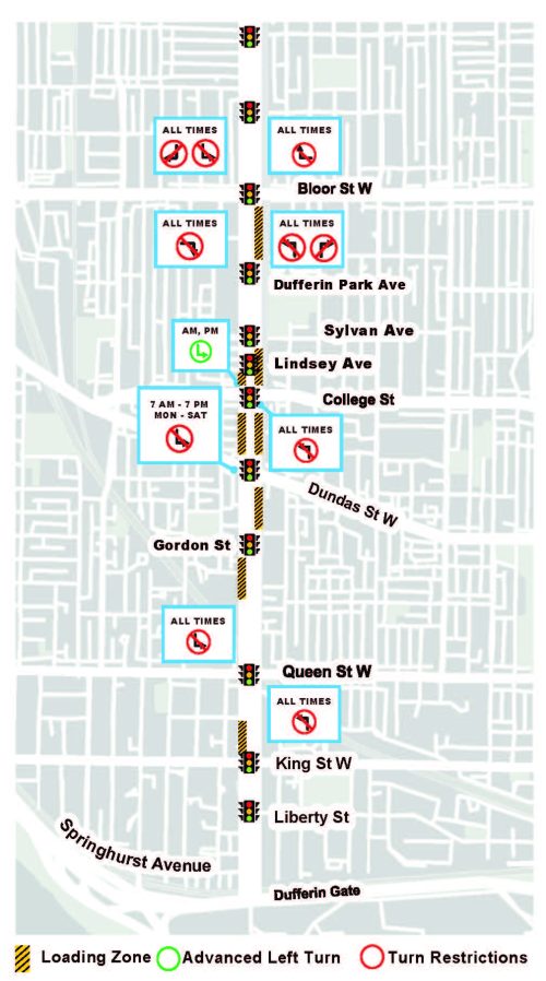 Map showing approved loading zones and turn restrictions between Bloor Street West and King Street West