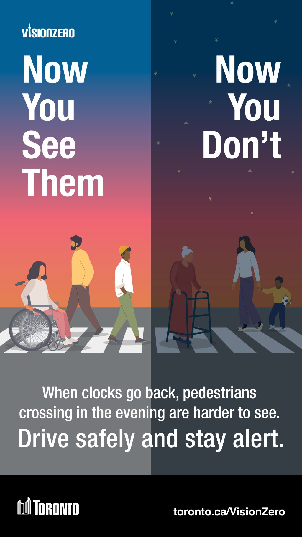 graphic of a road crossing with pedestrians. Left is daylight and right is night. Pedestrians are much harder to see on the right.