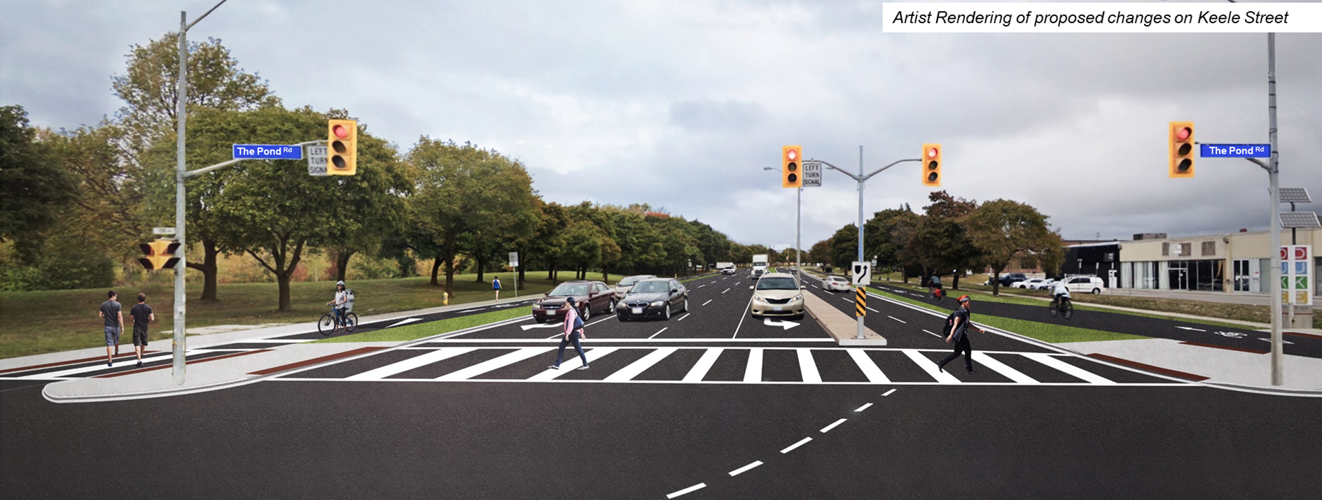 An artistic rendering of Keele Street with proposed changes, illustrating multi-use path adjacent to the sidewalk on both sides of the street.