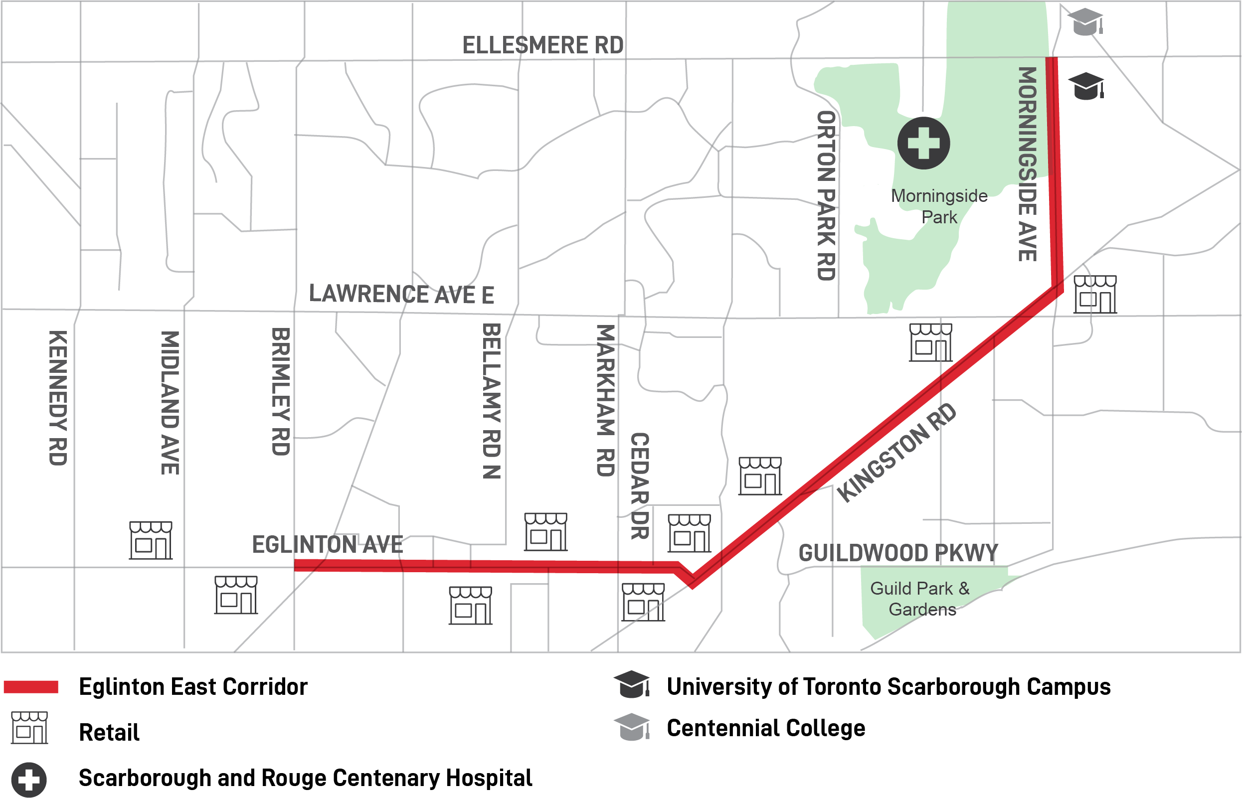 Map of the RapidTo Eglinton East Corridor showing a red line depicting the bus route. Eglinton Avenue East, 8.5-kilometres of priority bus lanes were added along Eglinton Avenue East, Kingston Road and Morningside Avenue from Brimley Road to the University of Toronto Scarborough Campus.